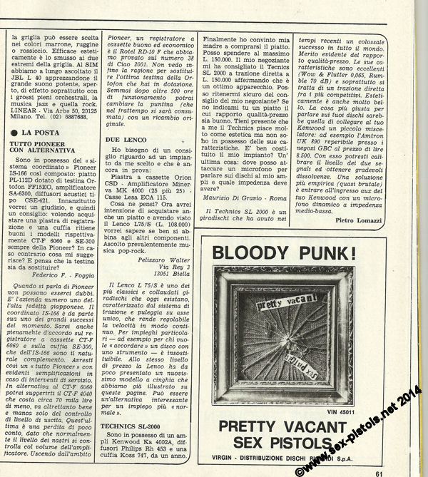 Sex Pistols - ITALIAN PRESS ADVERTS 1977 God Save The Queen / Pretty Vacant