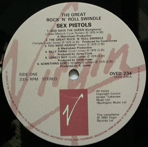 Sex Pistols - The Great Rock 'N' Roll Swindle Single LP Virgin Records UK Virgin Value re-issue Pressing