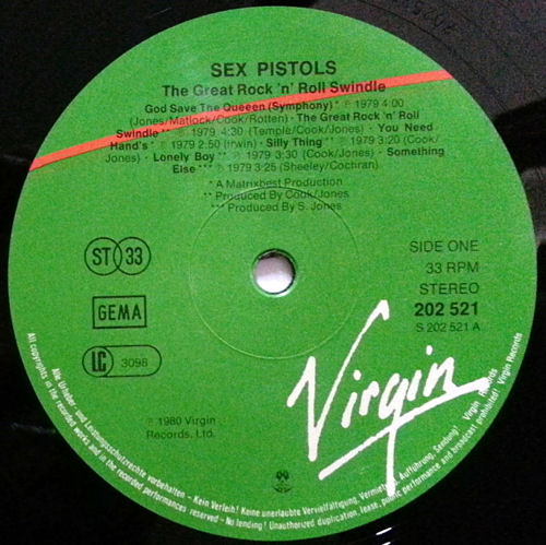 Sex Pistols - The Great Rock 'N' Roll Swindle Single LP Virgin Records West Germany 1st Pressing