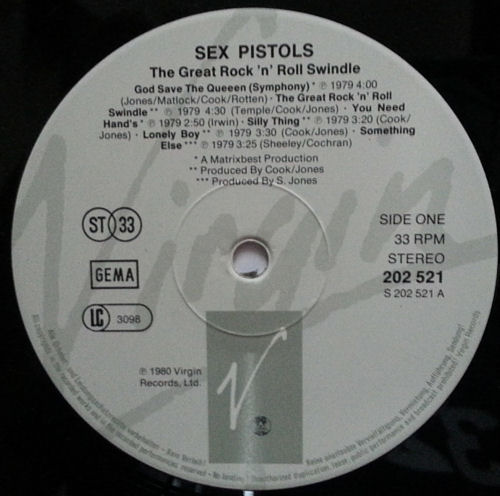 Sex Pistols - The Great Rock 'N' Roll Swindle Single LP Virgin Records West Germany GEMA re-pressing