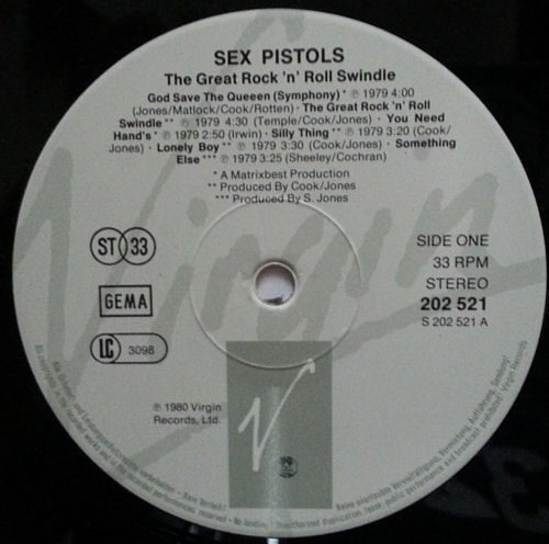 Sex Pistols - The Great Rock 'N' Roll Swindle Single LP Virgin Records West Germany GEMA re-pressing