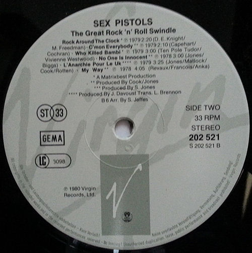 Sex Pistols - The Great Rock 'N' Roll Swindle Single LP Virgin Records West Germany GEMA re-pressing