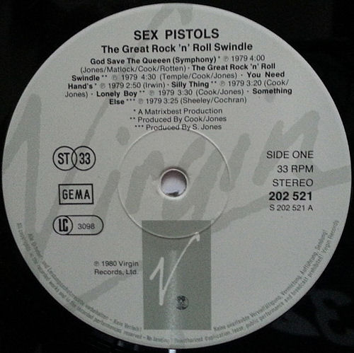Sex Pistols - The Great Rock 'N' Roll Swindle Single LP Virgin Records West Germany 4th Pressing