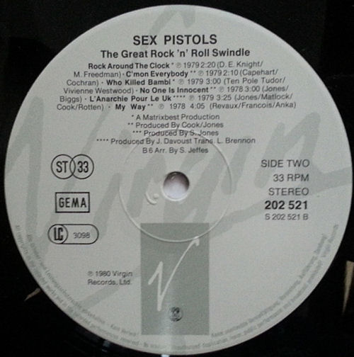 Sex Pistols - The Great Rock 'N' Roll Swindle Single LP Virgin Records West Germany 4th Pressing