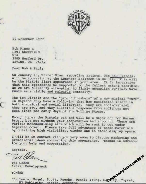 God Save The Sex Pistols Warner Bros Longhorn Ballroom Letter 