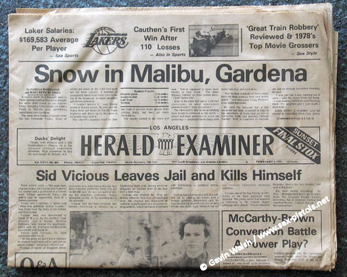 SID VICIOUS Los Angeles Herald Examiner 2nd February 1979 Press Cutting