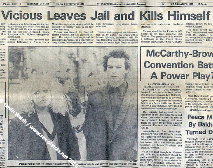 SID VICIOUS Los Angeles Herald Examiner 2nd February 1979  Press Cutting