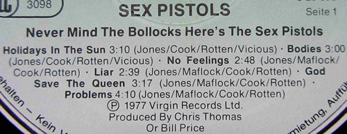 Sex Pistols - Never Mind The Bollocks: Germany First Pressing Mispress