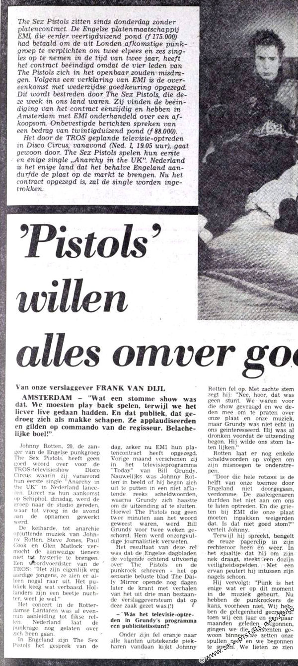 Sex Pistols - Dutch Newspaper Cutting 8th January 1977