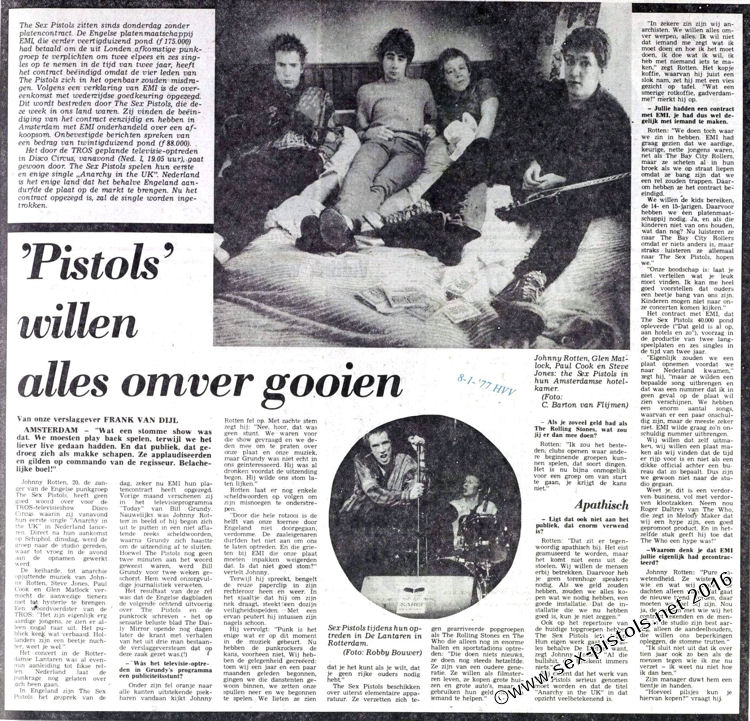 Sex Pistols - Dutch Newspaper Cutting 8th January 1977