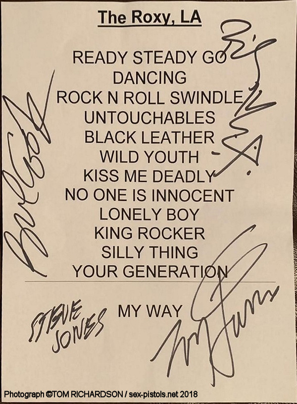 Generation Sex Signed Rocy LA Set List 30th October 2018