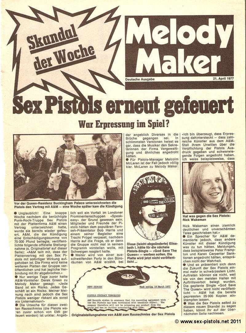 God Save The Sex Pistols Pop Rocky German Music Paper 21 April 1977 Sex Pistols Sacked By Aandm