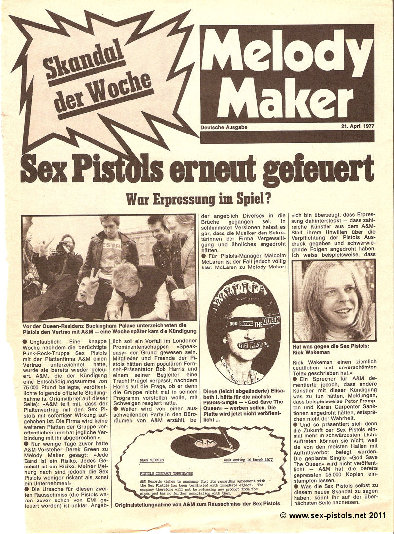 Pop / Rocky Music Paper 21 April 1977. Additional "German Melody Maker" section. Sex Pistols sacked by A&M.