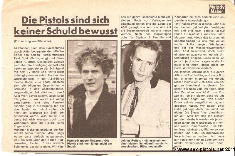 Pop / Rocky Music Paper 21 April 1977. Additional "German Melody Maker" section. Sex Pistols sacked by A&M.