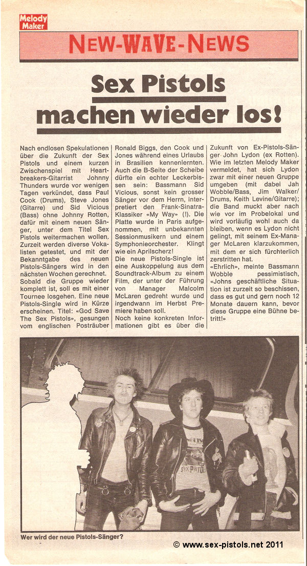 Pop / Rocky Music Paper 1978. Additional "German Melody Maker" section. The Sex Pistols split. 