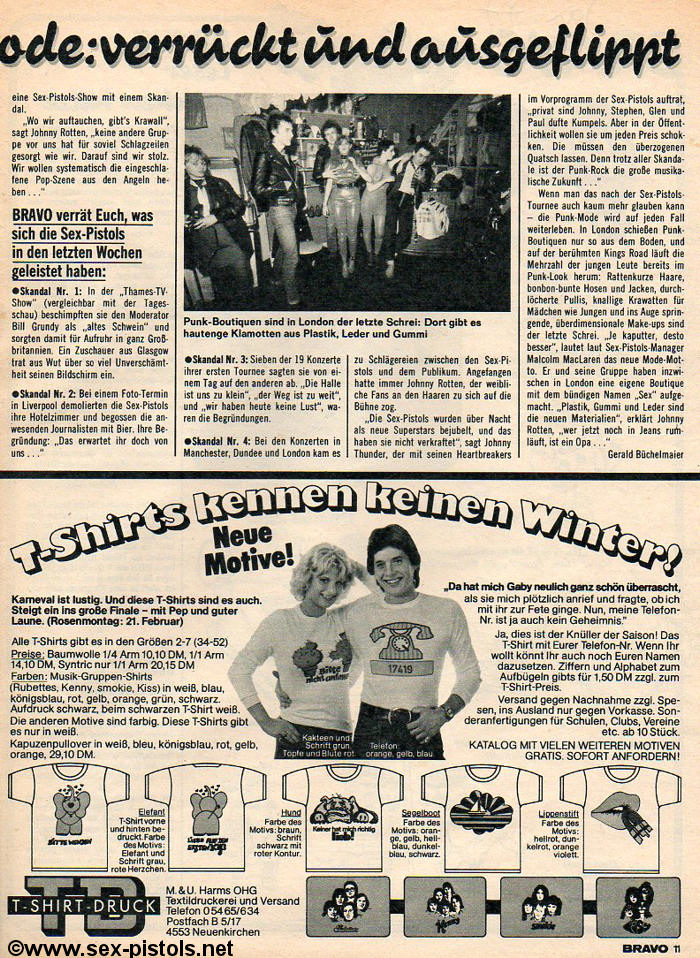 Bravo Magazine January 1977. Anarchy In The UK Tour Feature.
