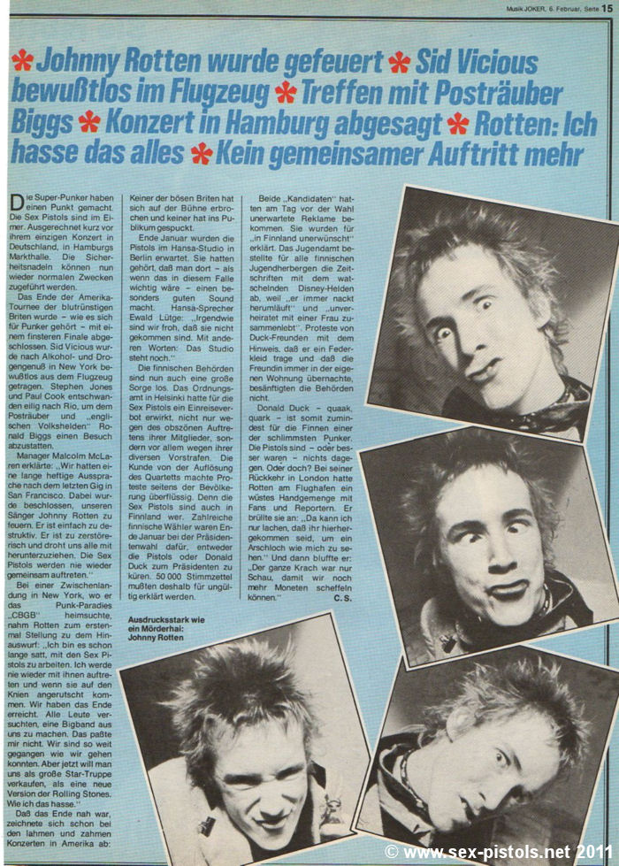 God Save The Sex Pistols West Germany Musik Joker Magazine February