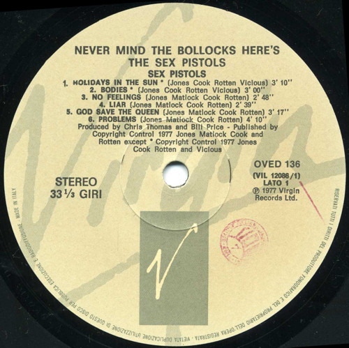 Sex Pistols - Never Mind The Bollocks: Italy OVED 136 Re-Pressing