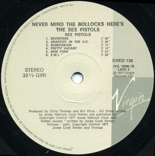 Sex Pistols - Never Mind The Bollocks: Italy OVED 136 Re-Pressing