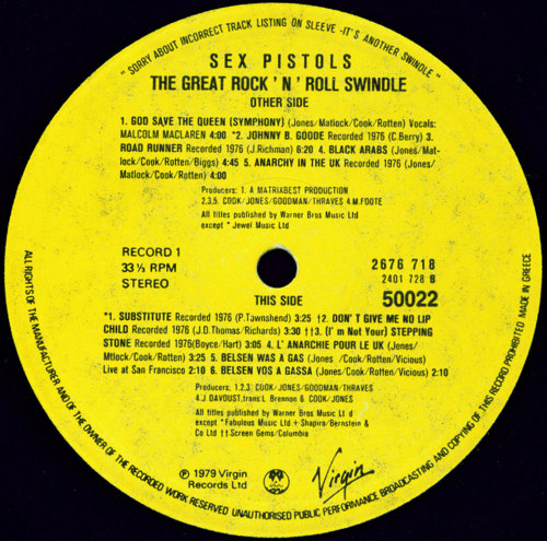 The Great Rock 'N' Roll Swindle Greece (Virgin 2401 728 / 2676 718)