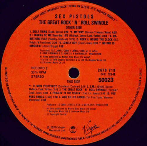 The Great Rock 'N' Roll Swindle Greece (Virgin 2401 728 / 2676 718)