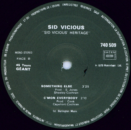 Sid Vicious: Heritage: My Way / Something Else / C'mon Everybody (Barclay 740 509) BA-171