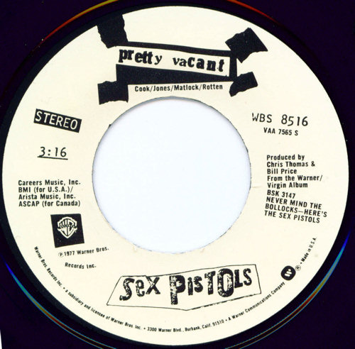 Pretty Vacant / Pretty Vacant (Warner Bros. WBS 8516) Promo