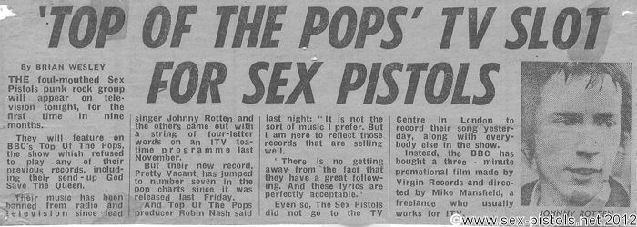 PRETTY VACANT ON TOP OF THE POPS 14th JULY 1977