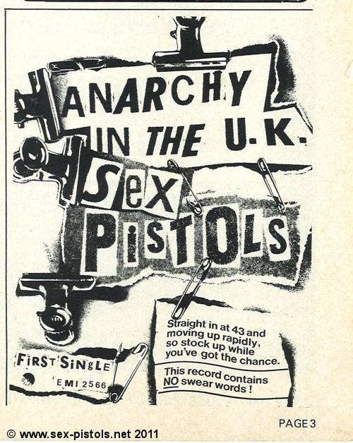 Music Week advert for Anarchy In The UK. Plus readers letter from same page. 18th December 1976.
