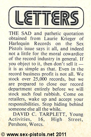 Music Week advert for Anarchy In The UK. Plus readers letter from same page. 18th December 1976.