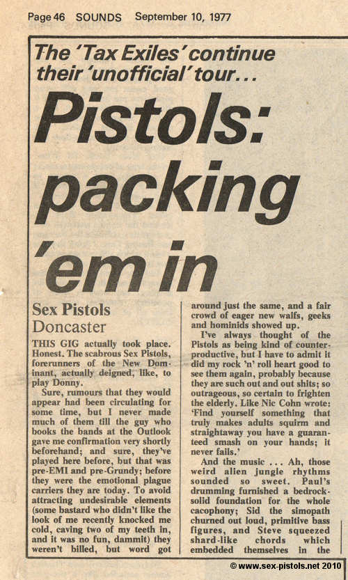 Sex Pistols - Doncaster 24th August 77 Press Cutting