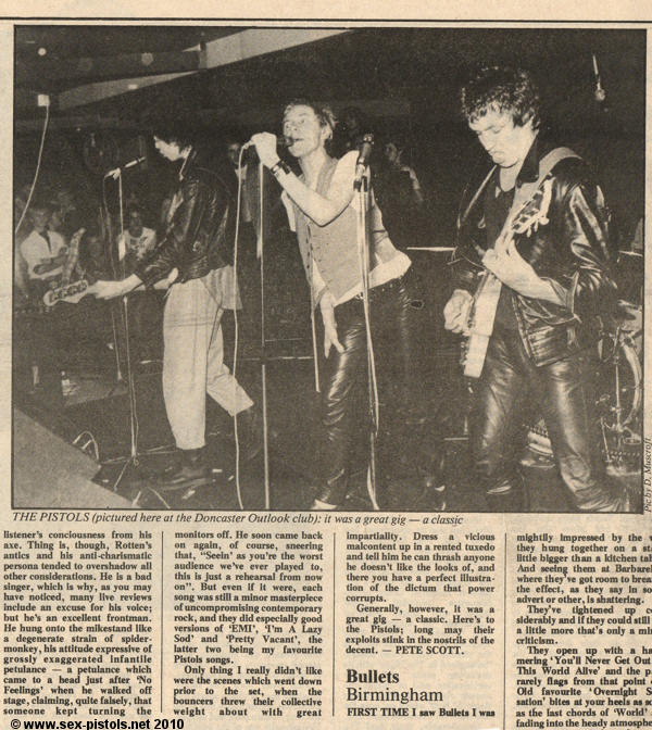  Sex Pistols - Doncaster 24th August 77 Press Cutting