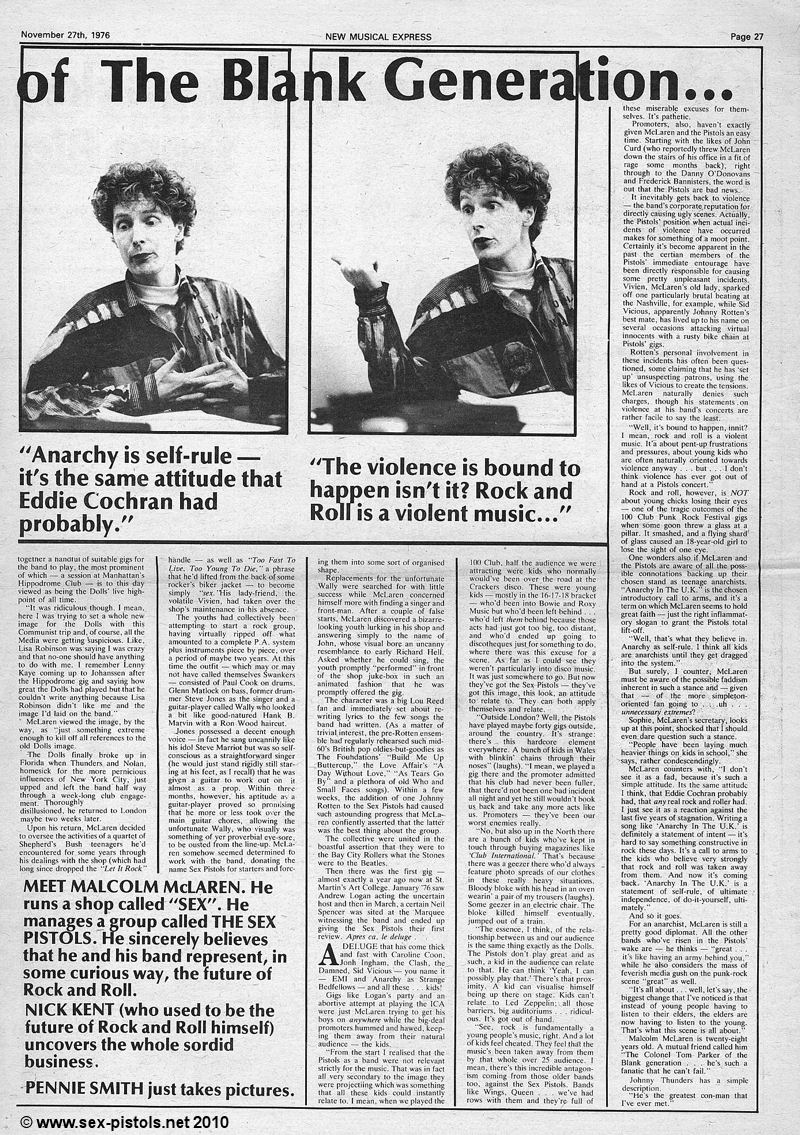 NME Nick Kent Interview with Malcolm McLaren. 27th November 1976.