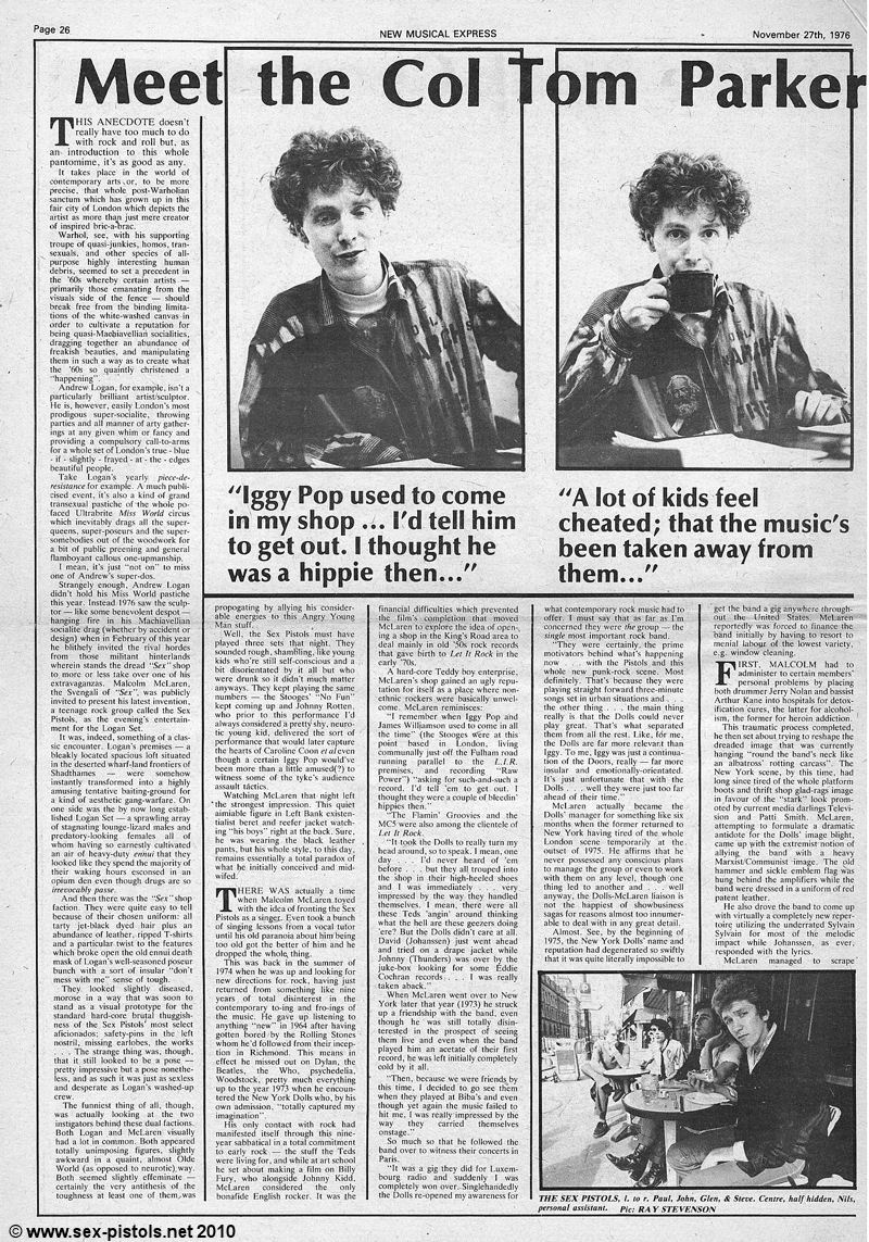 NME Nick Kent Interview with Malcolm McLaren. 27th November 1976.