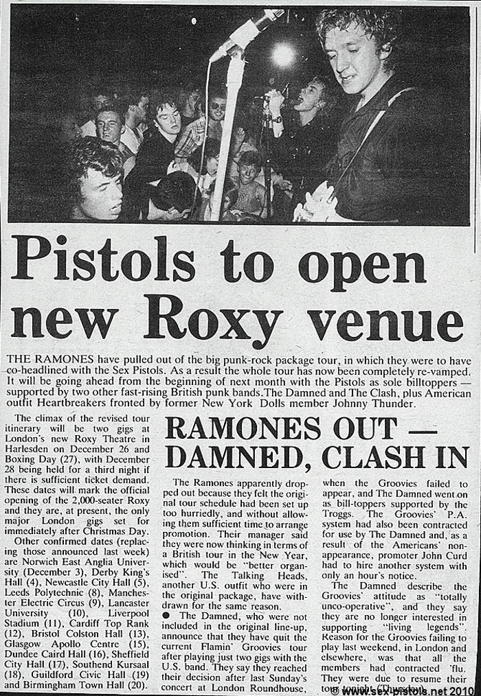 NME Pistols to open new Roxy venue. Ramones pull out of Anarchy Tour.