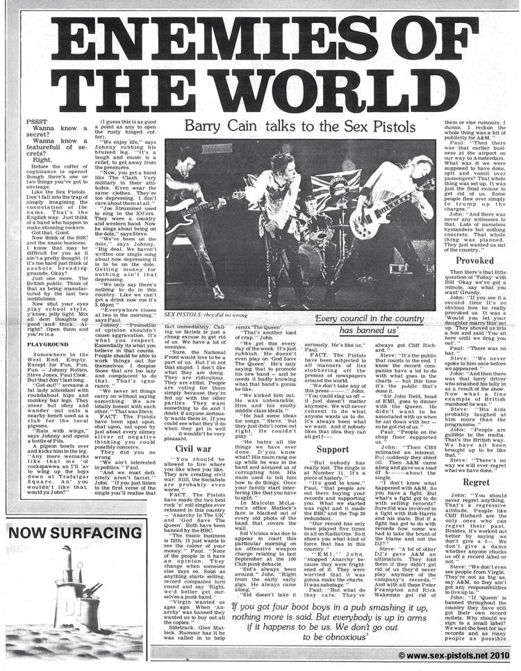 God Save The Sex Pistols - Barry Cain Interview June 1977 Page One