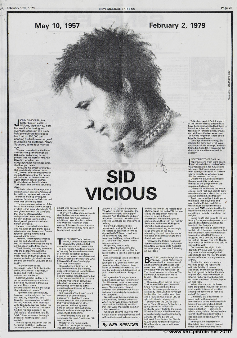 NME. 10th February 1979. The week after Sid died, Neil Spencer recalled Sid's life and death.