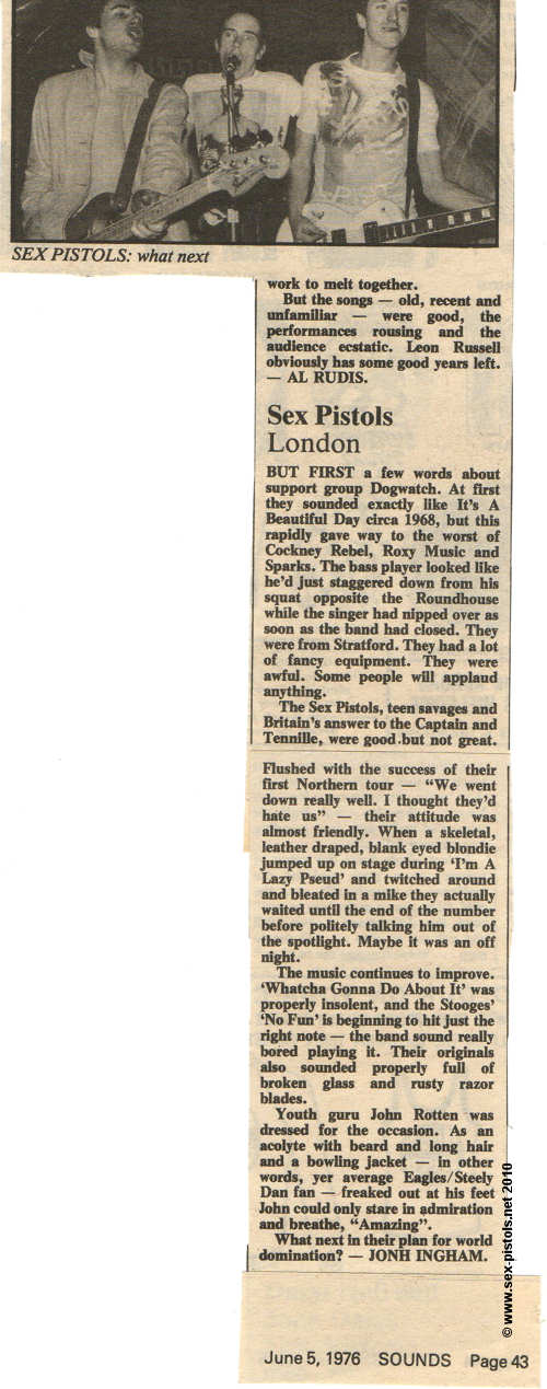 Sex Pistols - 100 Club 25th May 76 Press Cutting