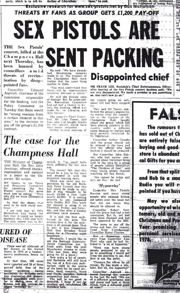 Rochdale Observer Saturday 17th December 77: Sex Pistols Are Sent Packing