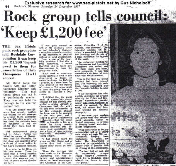 Rochdale Observer Saturday 24th December 77: Rock Group Tells Council: 'Keep £1,200 fee'