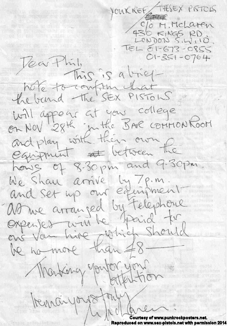 Malcolm McLaren Letter Re: 28 Nov 75 Gig